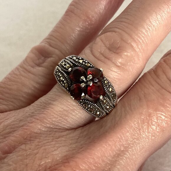 Sterling Silver 925 Multi Gemstone Garnet & Marcasite Floral Band Ring Sz 6.25 - Picture 3 of 16